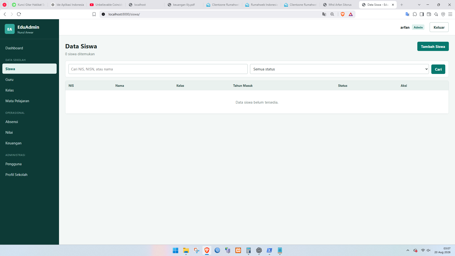 Dashboard data siswa website manajemen sekolah